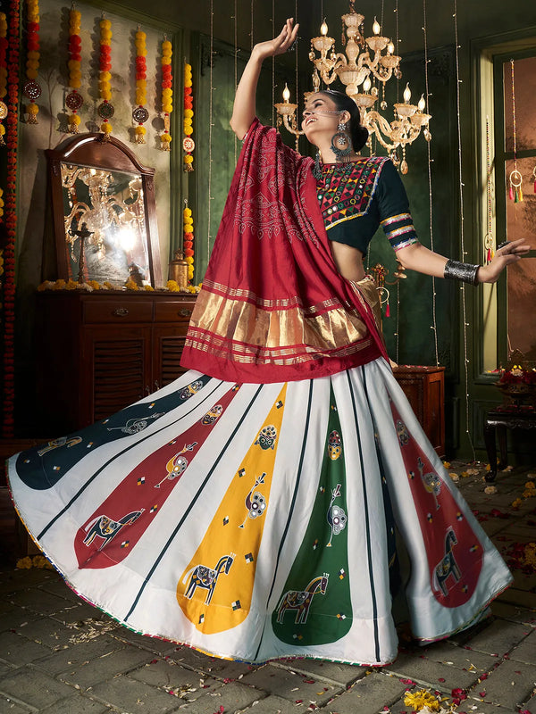 White Maslin Cotton Lehenga Set with Black Rayon Choli and Red Silk Dupatta for Navratri