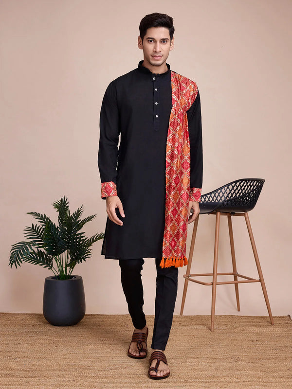 Black Silk Printed work kurta With MultiColor Sequance Work Dupatta for Men