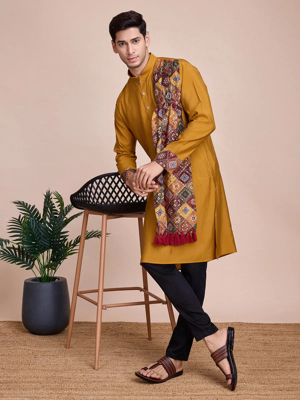 Yellow Silk Printed work kurta With MultiColor Sequance Work Dupatta for Men