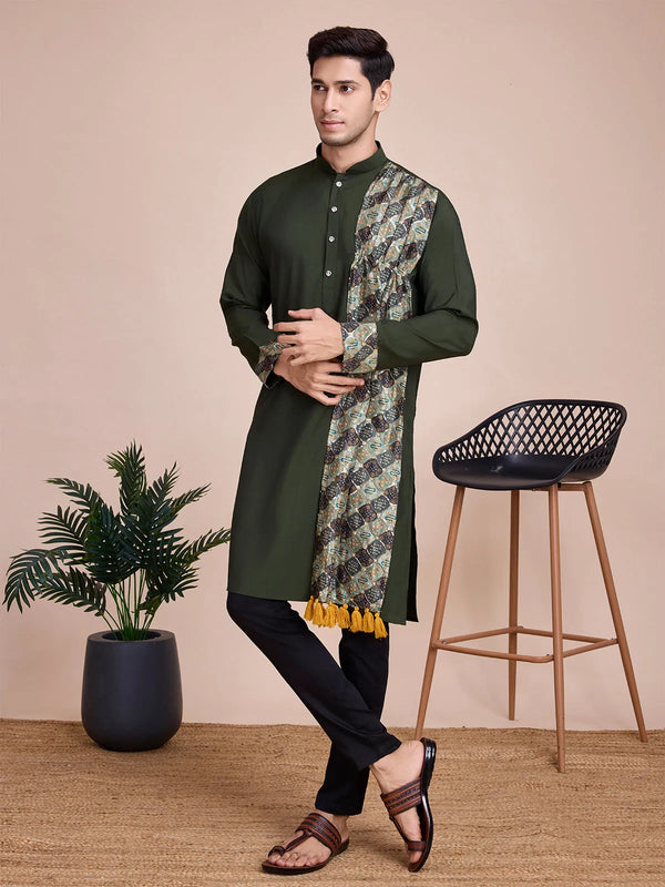 Green Silk Printed work kurta With MultiColor Sequance Work Dupatta for Men