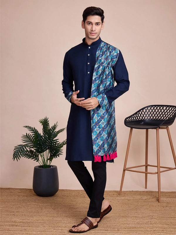 Navy Blue Silk Printed work kurta With MultiColor Sequance Work Dupatta for Men