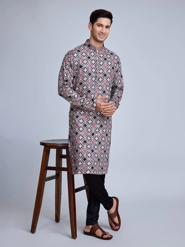 Grey Rayon Foil Printed Men's kurta For Every Occasion