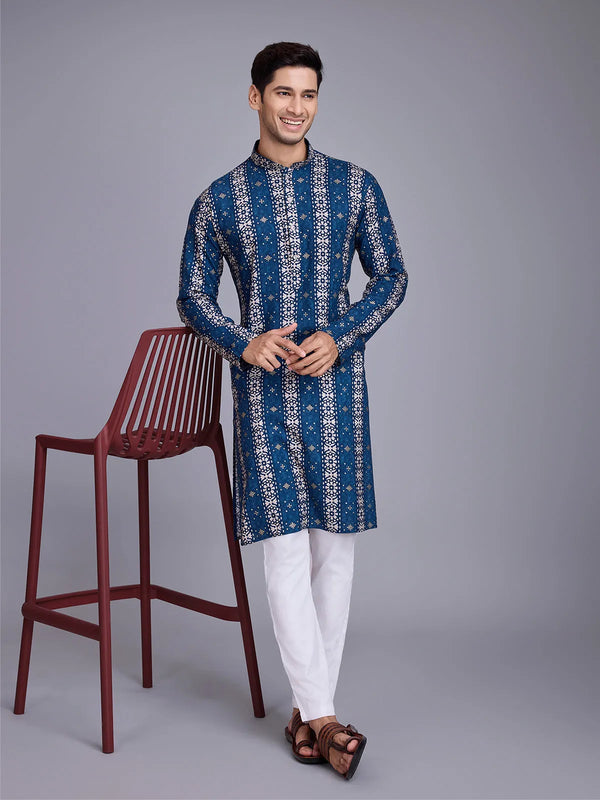 Blue Rayon Foil Printed Men's kurta For Every Occasion