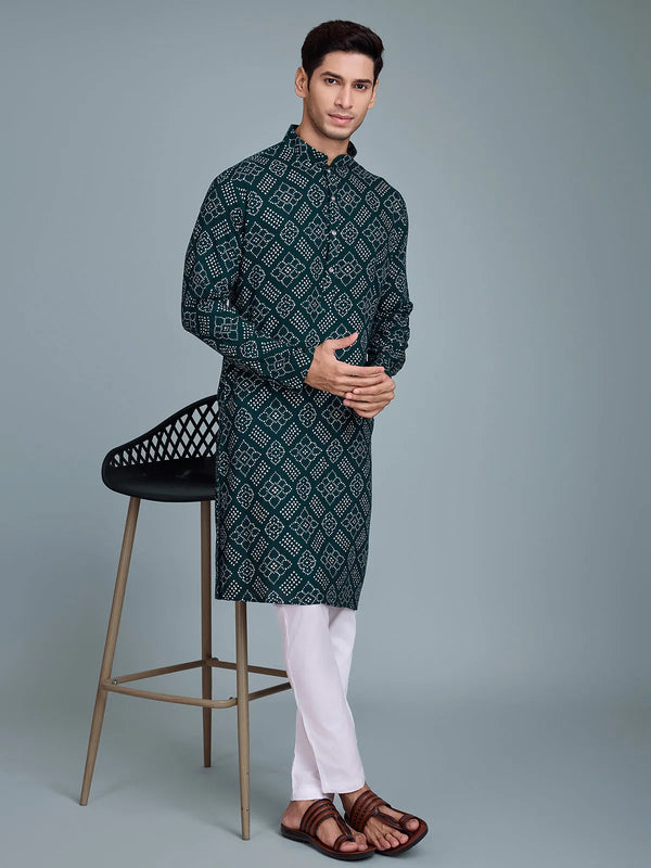 Green Rayon Foil Printed Men's kurta For Every Occasion