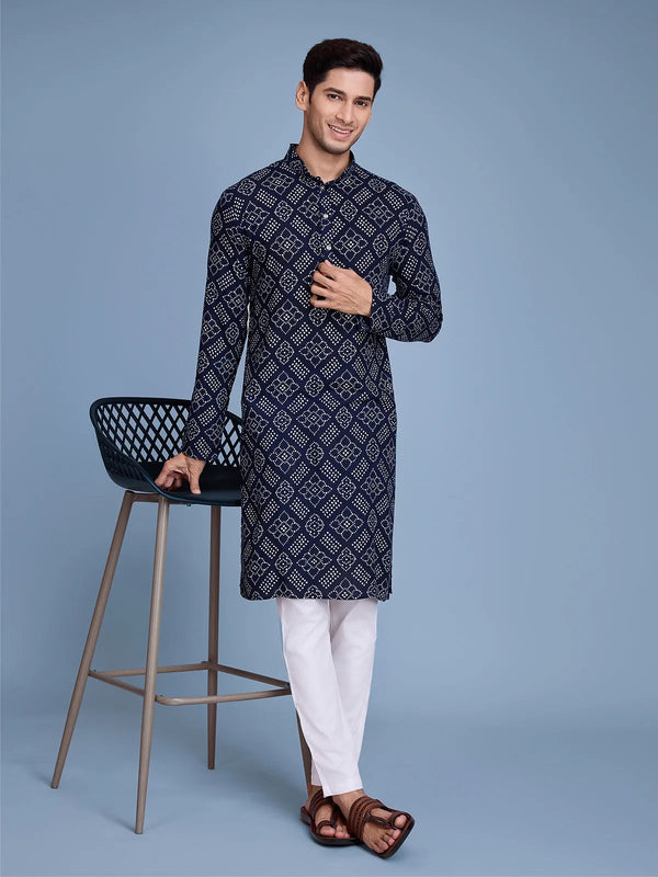 Navy Rayon Foil Printed Men's kurta For Every Occasion