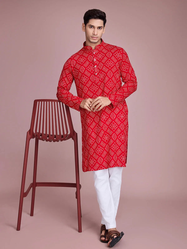 Red Rayon Foil Printed Men's kurta For Every Occasion