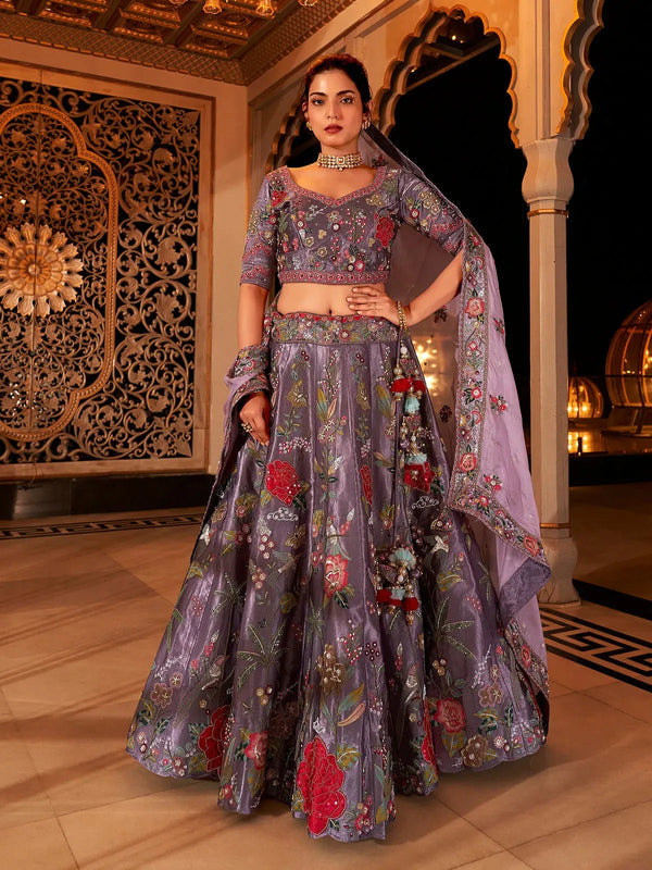 Grey Bridal Lehenga Set with Premium Embroidery, Sequins, and Heavy Latkan for weeding