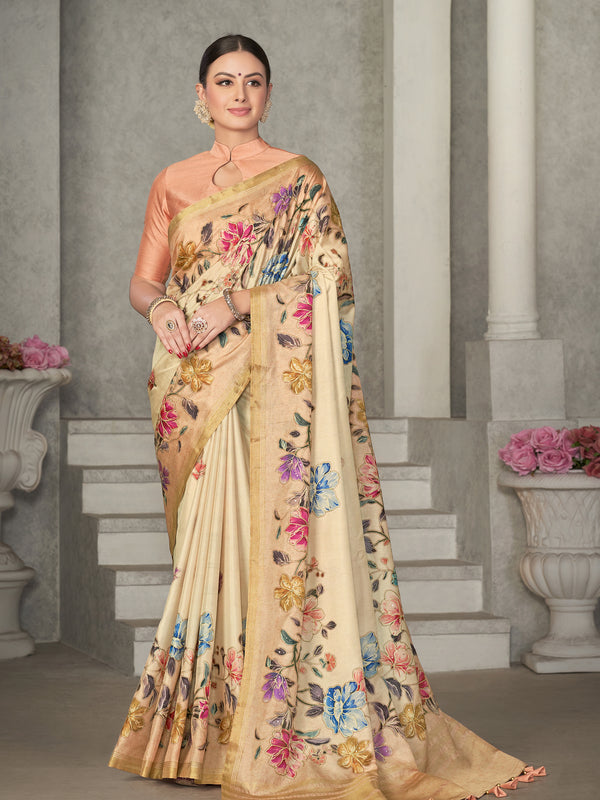 Cream Tussar Silk Woven Design Wear Saree