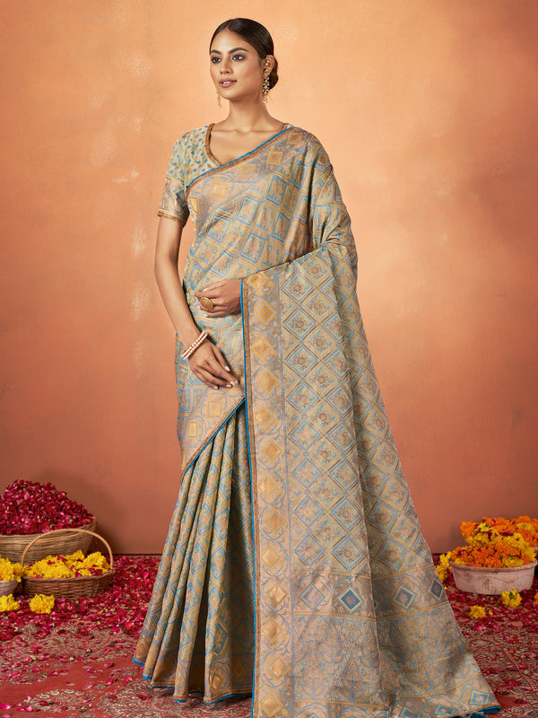 Beige Kanjivaram Silk Zari Work Saree Festive Wear