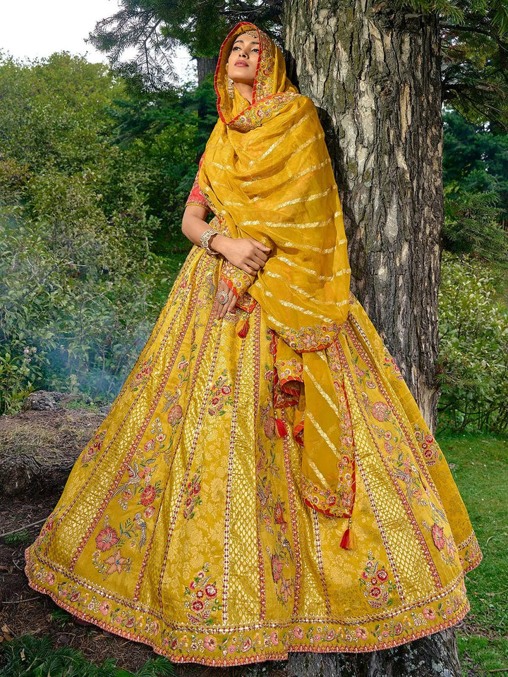 Designer Wear Yellow Benarasi Silk Art Embroidered and Sequins Work Umberalla Lehenga Choli - VJV Now