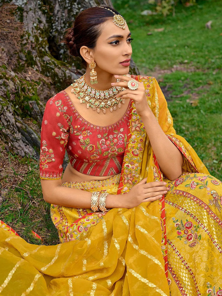 Designer Wear Yellow Benarasi Silk Art Embroidered and Sequins Work Umberalla Lehenga Choli - VJV Now