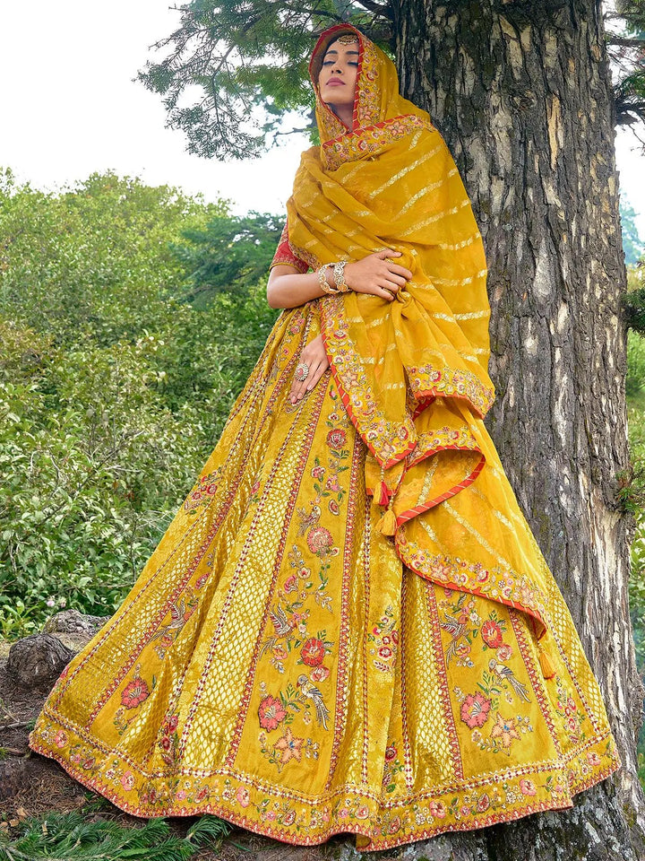 Designer Wear Yellow Benarasi Silk Art Embroidered and Sequins Work Umberalla Lehenga Choli - VJV Now