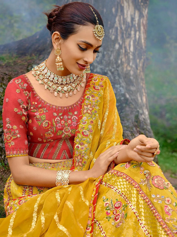 Designer Wear Yellow Benarasi Silk Art Embroidered and Sequins Work Umberalla Lehenga Choli - VJV Now