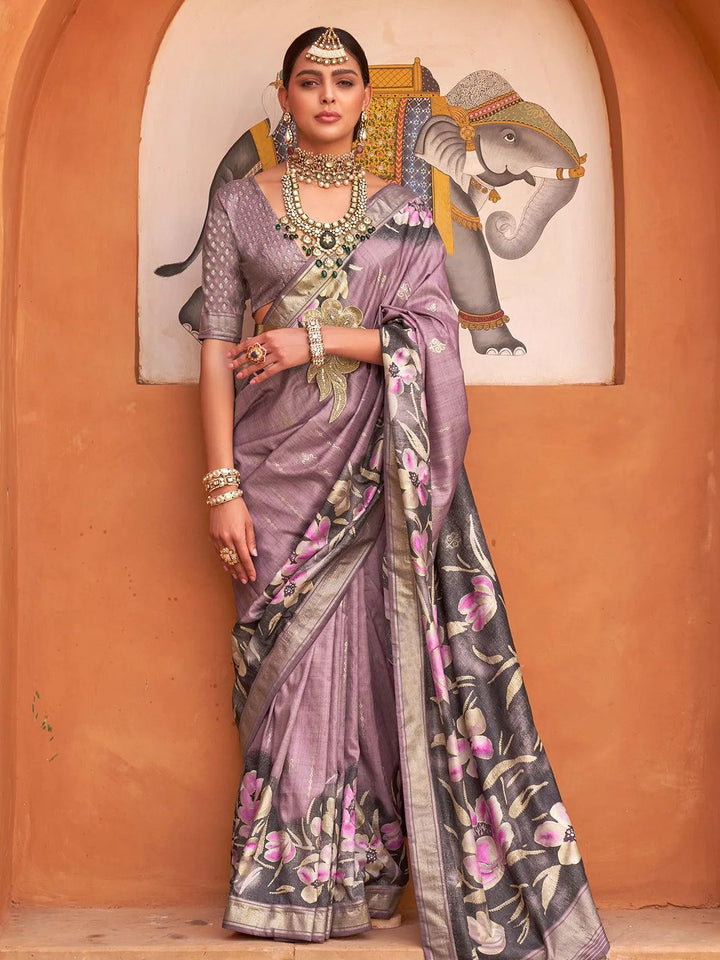 Purple Soft Silk Floral Printed Design Saree - VJV Now