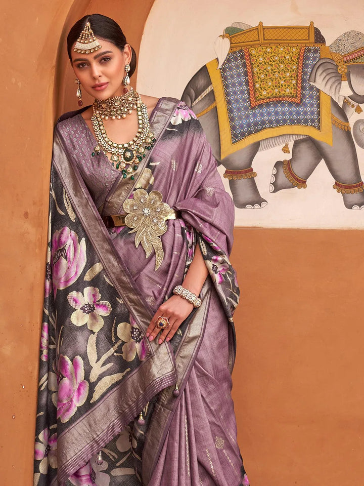 Purple Soft Silk Floral Printed Design Saree - VJV Now