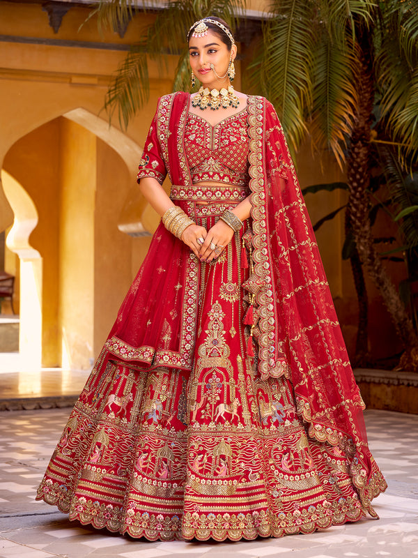 Red Silk Wedding Lehenga with Mirror Handwork, Zarkan Diamond & Net Dupatta