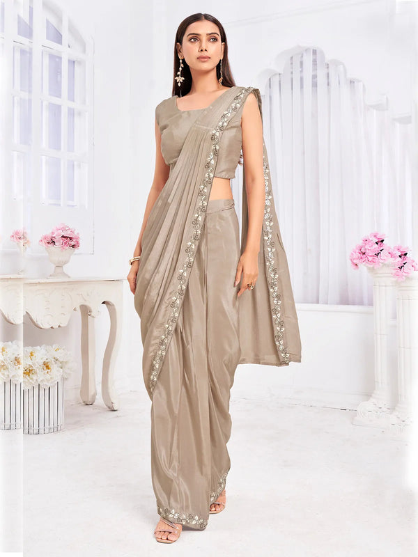 Beige Ready To Wear Silk Saree Embroidery & Hand Work for Festivals and Parties