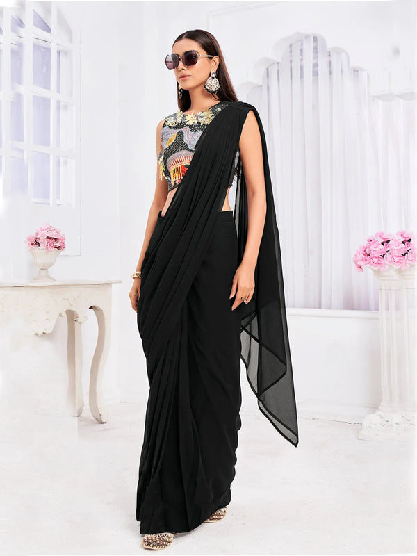 Black Georgette Ready To Wear Saree Embroidery for Festivals and Parties