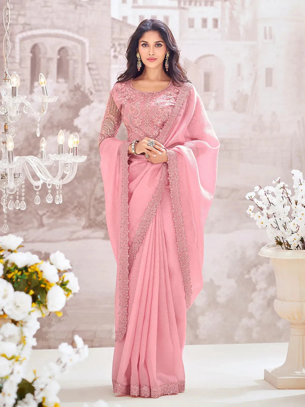 Pink Georgette Saree with Embroidered Border Work For any Occasion