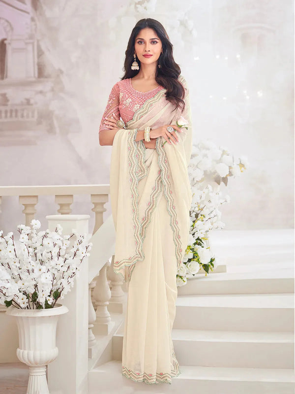 Ivory Georgette Saree with Pink Embroidered Net Blouse For any Occasion