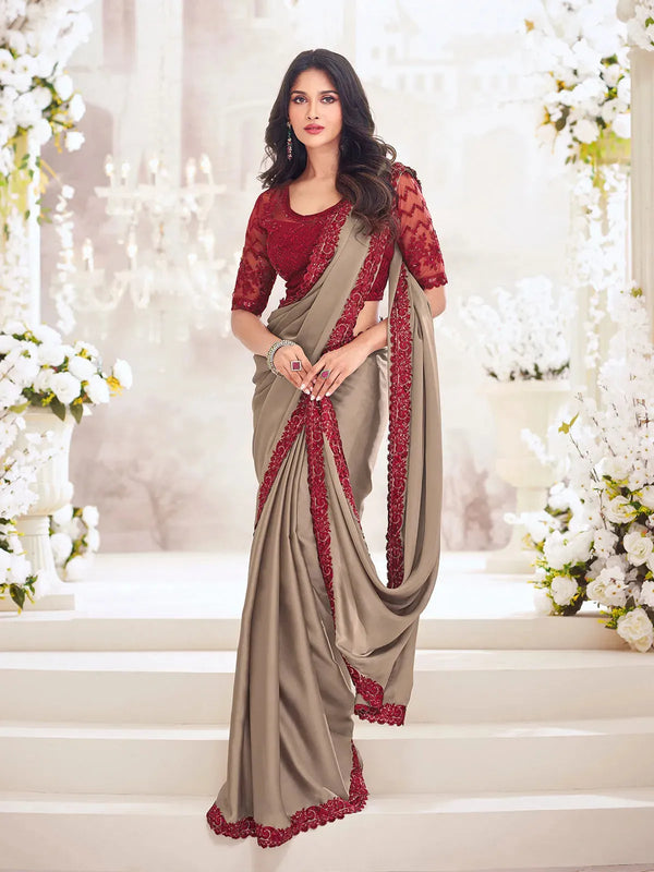 Dark Beige Satin Saree with Maroon Embroidered Net Blouse For any Occasion