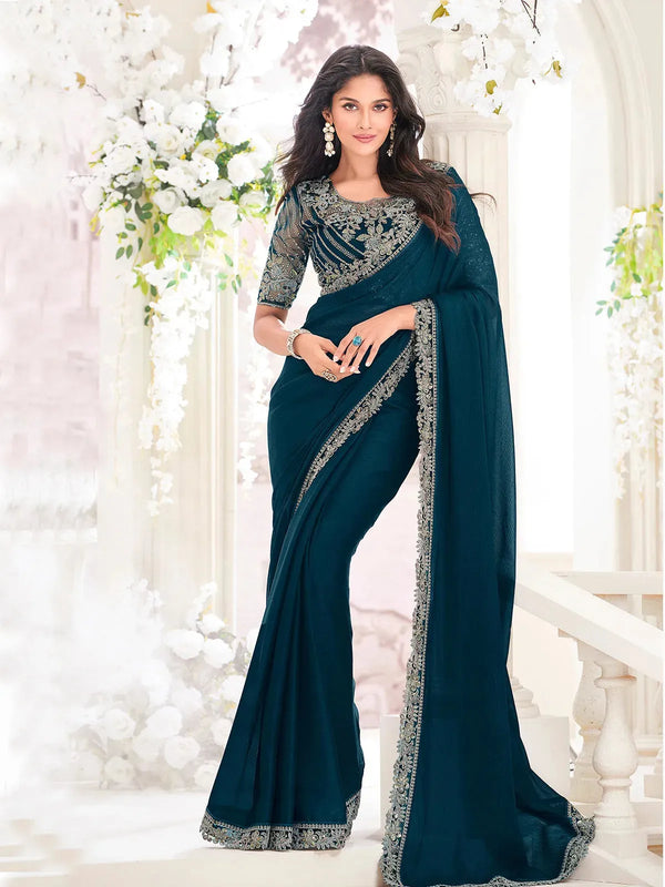 Peacock Blue Georgette Saree with Embroidered Border Work For any Occasion