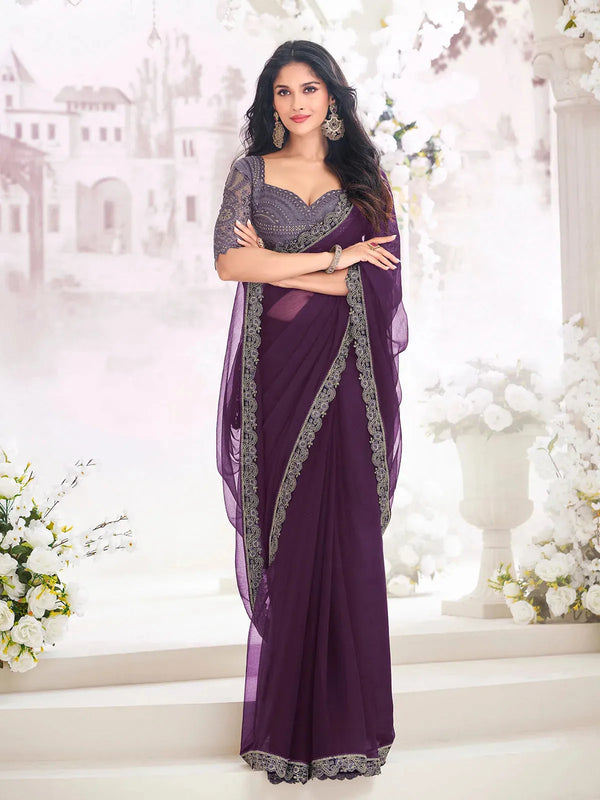 Purple Chiffon Saree with Embroidered Border Work For any Occasion