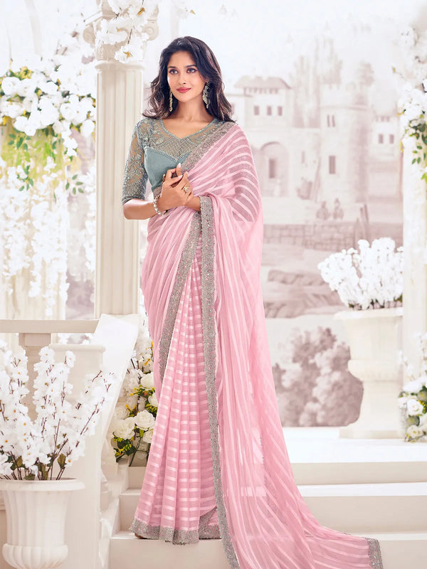 Baby Pink Georgette Saree with Embroidered Net Blouse For any Occasion