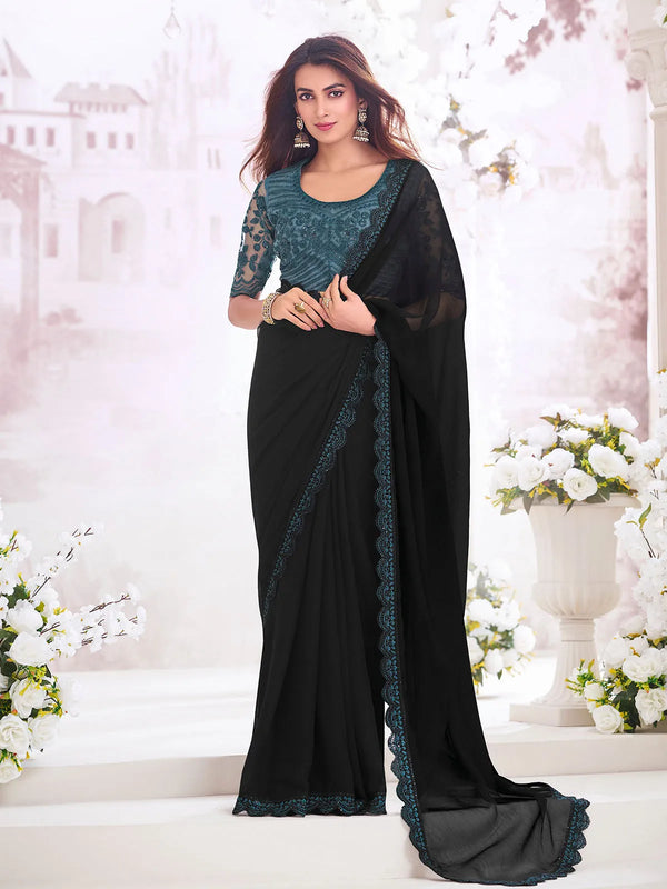 Black Chiffon Saree with Embroidered Net Blouse For any Occasion