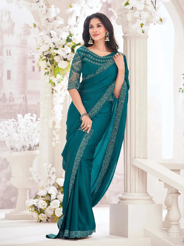 Teal Georgette Saree with Embroidered Net Blouse For any Occasion