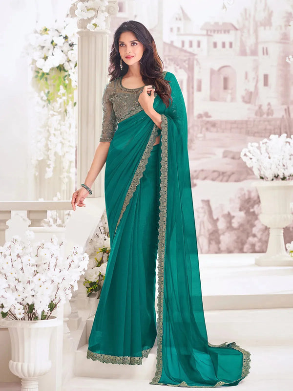 Green Chiffon Saree with Being Embroidered Net Blouse For any Occasion