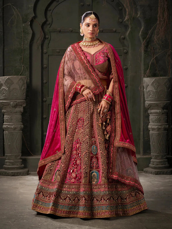 Rani & Maroon Velvet Bridal Designer Lehenga Choli Set with Zarkan Kasab Work