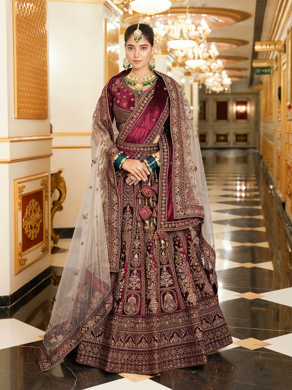 Maroon Velvet Lehenga Set with Premium Heavy Zarkan Work For Wedding Wear