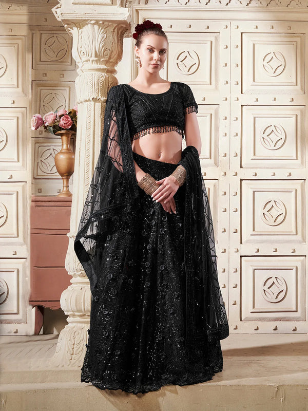 Black Flower Patches with Sequance Net Lehenga Set For Bridal & Wedding Wear