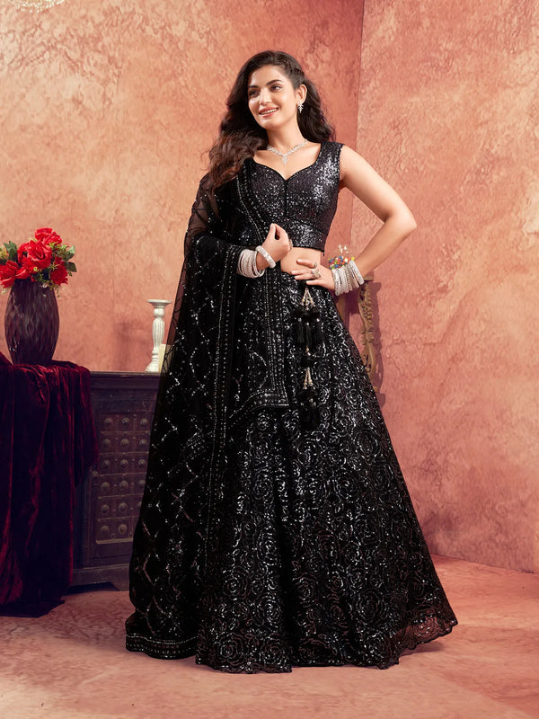 Black Sequance Work Net Lehenga Set For Bridal & Wedding Wear