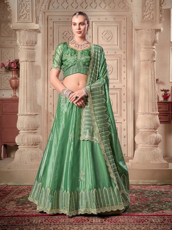 Pista Green Bridal Lehenga Choli Set with Heavy Zarkan and Thread Embroidery