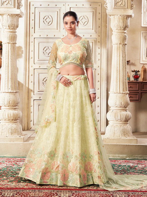 Light Lemon Lehenga Choli Set with Sequins And Diamond Embroidery For Weeding