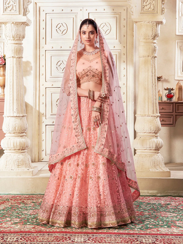 Dark Peach Lehenga Choli Set with Diamond And Thread Work For Weeding