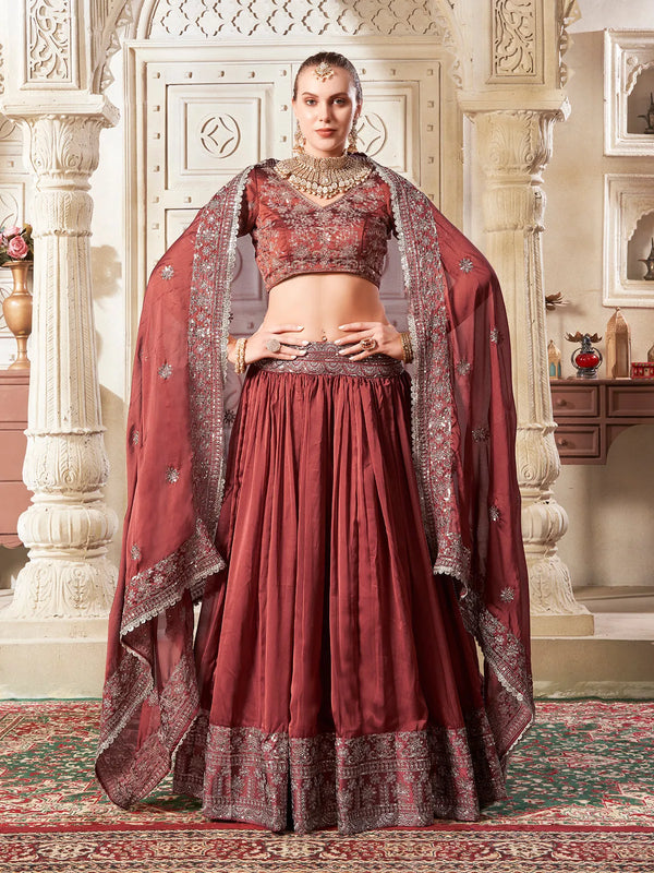 Brown Premium Silk Lehenga Choli Set with Sequins Work For Weeding