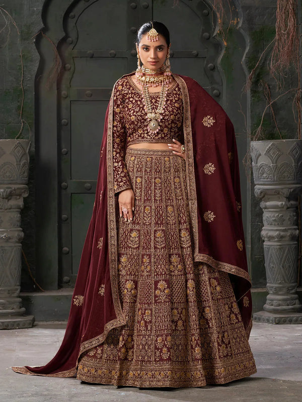 Maroon Georgette Bridal Lehenga Choli Set with Zarkan Work for Wedding Wear