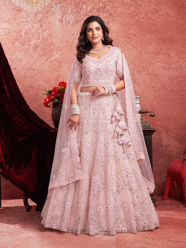 Baby Pink Bridal Lehenga Choli Set with Premium Mirror Zarkan Hand Work