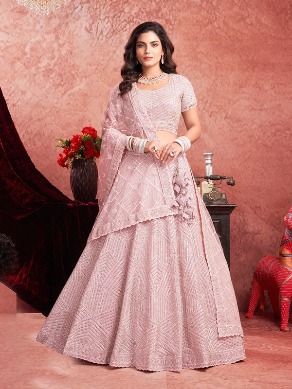 Baby Pink Premium Net Lehenga Choli Set with Zarkan Work For Weeding