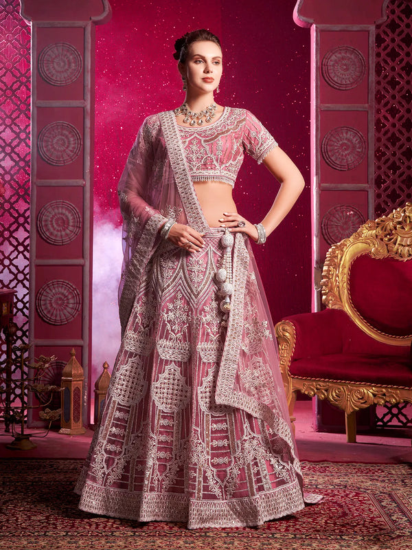 Pink Bridal Net Lehenga Choli with Intricate Codding Sequence for Wedding