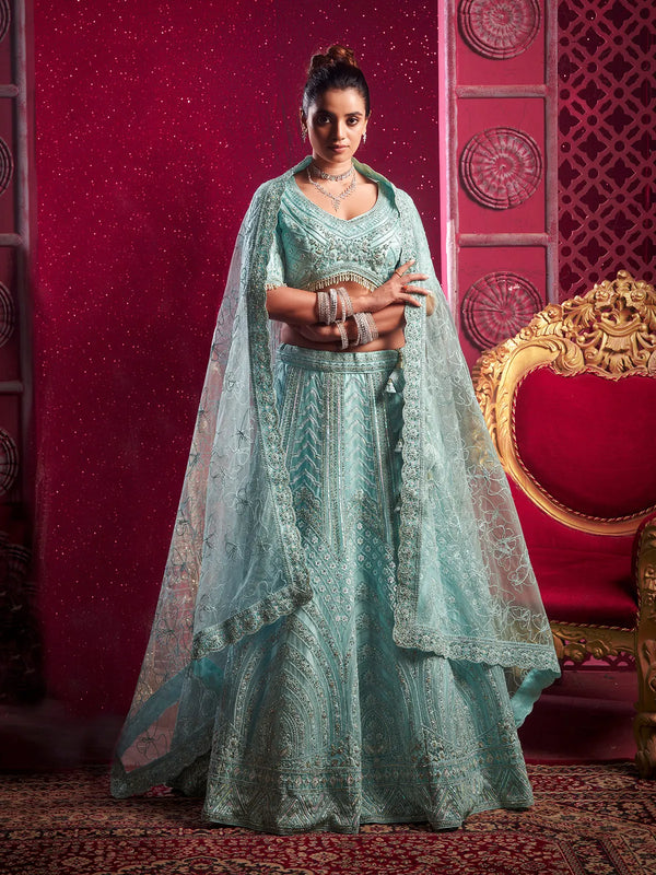 Sky Blue Bridal Premium Net Lehenga Choli with Zarkan Work for Wedding