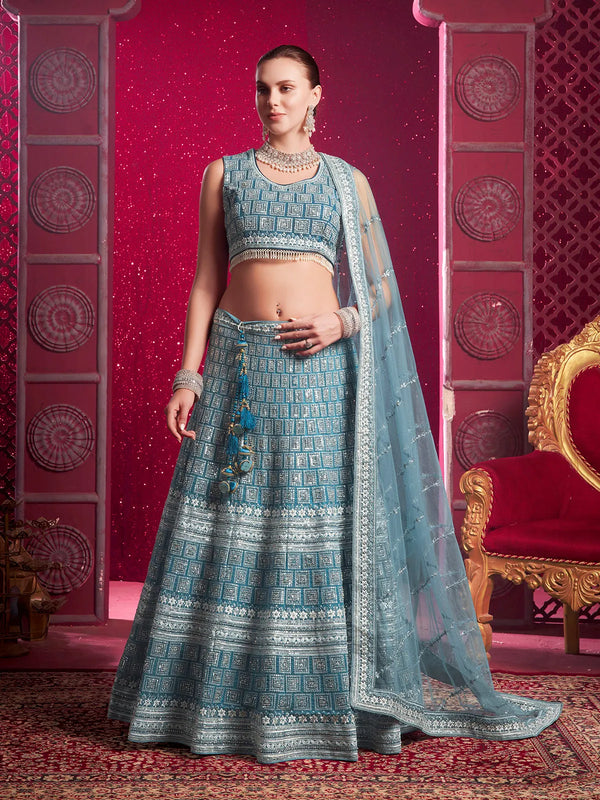 Peacock Blue Bridal Net Lehenga Choli with Zarkan & Sequance for Wedding