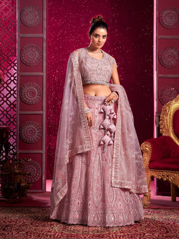 Peach Bridal Net Lehenga Choli with Zarkan and Pearls for Wedding