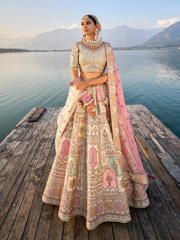 Off-White Traditional Embroidered Silk Sangeet Lehenga