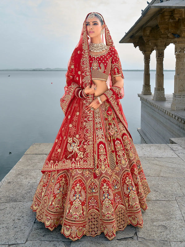 Heavy Embroidered Red Bridal Weeding Silk Lehenga Choli