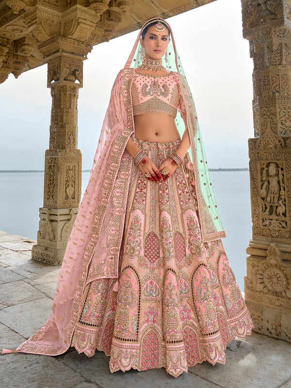 Bridal Light Pink Traditional Silk Lehenga Choli In Embroidered