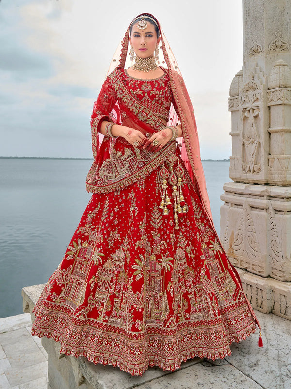 Red Bridal Traditional Embroidered Silk Weeding Lehenga